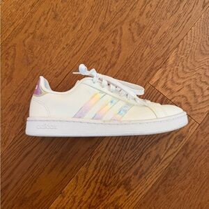 adidas Kids White Sneakers with Iridescent Stripe Accents